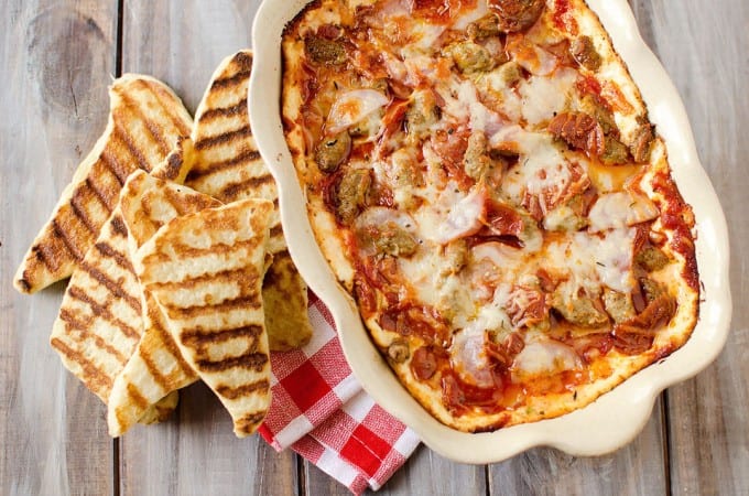 Triple Meat And Cheese Pizza Dip With Grilled Crust Dippers