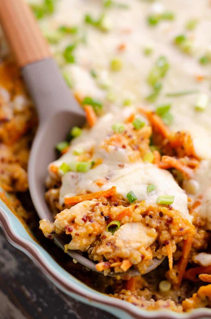 Buffalo Chicken Quinoa Bake scooped from casserole