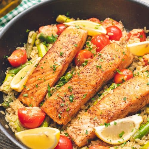 Lemon Salmon Orzo Skillet