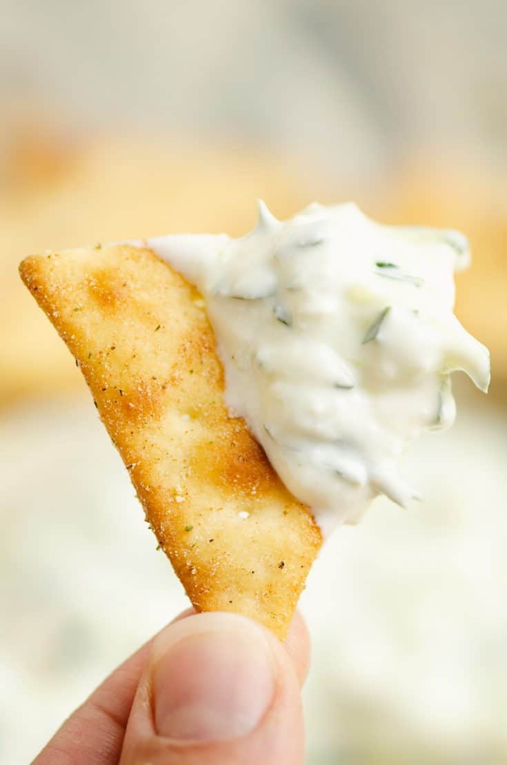 Cucumber Feta Greek Yogurt Dip on pita chip