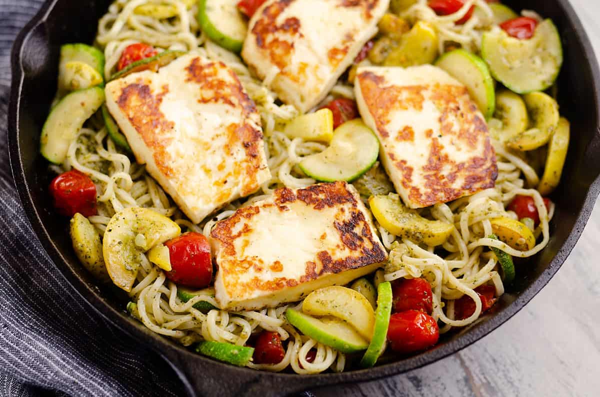 Lemon Pesto Vegetable Pasta with Grilled Cheese